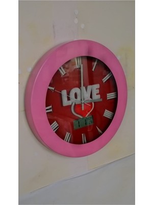 Bahat Isı Ölçer Termometreli Metal Pembe Love Salon Ofis Duvar Saati 35 cm