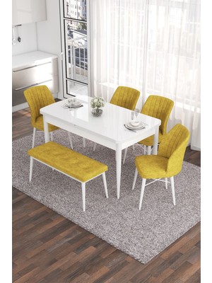 Canisa Concept Eva Serisi 80 x 132 cm Benchli Açılabilir Mdf Mutfak Masa Takımı Beyaz Masa ve 4 Sandalye