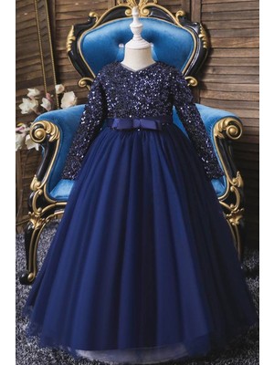 Miço Kids Lacivert Zara Payetli Kız Çocuk Abiye - Kız Çocuk Elbise