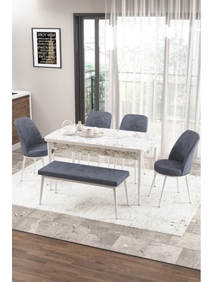 Canisa Concept Zen Serisi Bench'li 80 x 132 cm Açılabilir Mdf Mutfak Masası Takımı Beyaz Mermer Desen