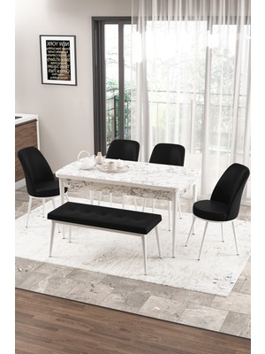 Canisa Concept Zen Serisi Bench'li 80 x 132 cm Açılabilir Mdf Mutfak Masası Takımı Beyaz Mermer Desen