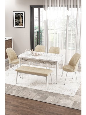 Canisa Concept Zen Serisi Bench'li 80 x 132 cm Açılabilir Mdf Mutfak Masası Takımı Beyaz Mermer Desen