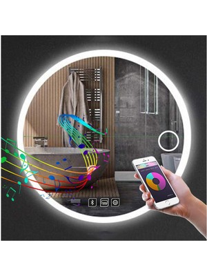 90 cm Bluetoothlu Makyaj Aynalı Buğu Yapmayan Ledli Yuvarlak Banyo Aynası
