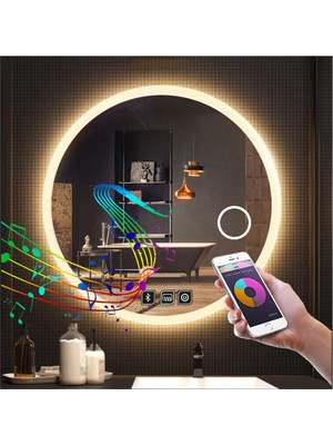 50 cm Bluetoothlu Makyaj Aynalı Buğu Yapmayan Ledli Yuvarlak Banyo Aynası