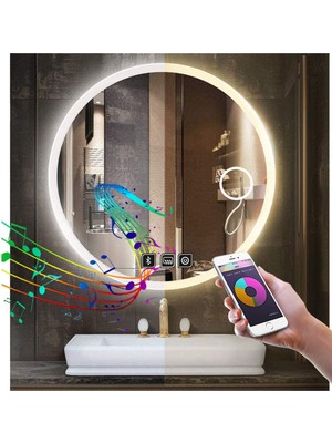 50 cm Bluetoothlu Makyaj Aynalı Buğu Yapmayan Ledli Yuvarlak Banyo Aynası