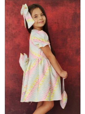 Riccotarz Kız Çocuk Beli Inci Detaylı Unicorn Pony Baskılı Çanta ve Tokalı Rengarenk Kabarık Elbise