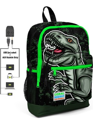Coral High Kids Dört Bölmeli Siyah Koyu Yeşil Ilkokul Çantası USB Şarjlı Kulaklık Çıkışlı 23825