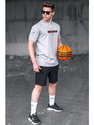 Madmext Erkek Baskılı Boyalı Gri Tişört 5814