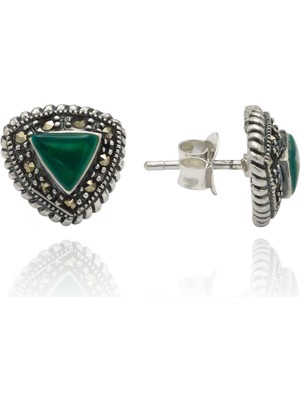 Midyat Nurtaş Gümüş Üçgen Tasarım Akik ve Markazit Taşlı Kadın Gümüş Küpesi 201020202