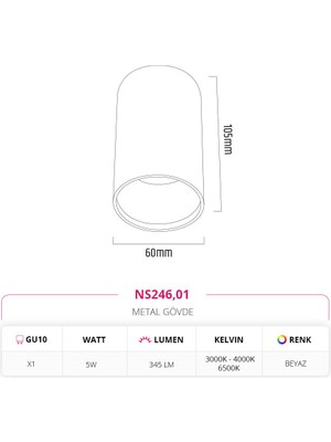 Nevo Sıva Üstü Tavan Armatürü 3000K Gün Işığı NS246,01