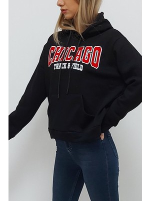 Colezium Chicago Baskılı Kapüşonlu Oversize Içi Tüylü Sweatshirt Siyah