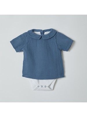Organicera Organik Muslin Erkek Yaka Gömlek Body,indigo
