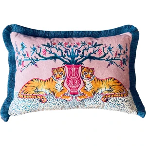 Ge Living Dekoratif Kaplan Desenli Kırlent - Suluboya Pembe Kadife Yastık Kılıfı