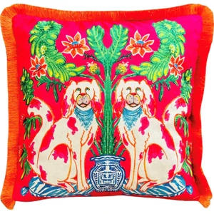 Ge Living Dekoratif Köpek Desenli Kırlent - Özel Tasarım Fuşya Kadife Yastık Kılıfı