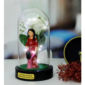 Herkesetoptantic Kişiye Özel Gül Altında Benim Annem Melek Tasarımlı Işıklı Fanus (Beyaz)