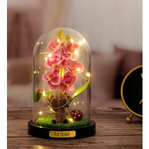 Herkesetoptantic Kişiye Özel Orkide Altında Sevimli Ayı Tasarımlı Işıklı Fanus (Lila)