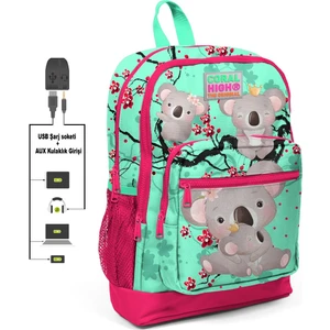 Coral High Kids Dört Bölmeli Neon Mercan Ilkokul Çantası USB Şarjlı Kulaklık Çıkışlı 23813