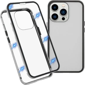 Apple iPhone 13 Pro Max Için Metal + Çift Taraflı Temperli Cam Manyetik Telefon Kılıfı - Gümüş (Yurt Dışından)