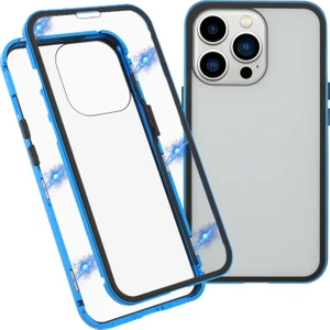 Apple iPhone 13 Pro Max Için Metal + Çift Taraflı Temperli Cam Manyetik Telefon Kılıfı - Mavi (Yurt Dışından)