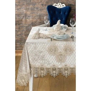 Evlen Home Collection Kadife Lüks Masa Örtüsü Seti Dantelli Güpürlü 26 Parça Grand Cappuccino