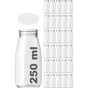 250 cc Şeffaf Süt, Ayran, Limonata Şişesi Plastik Kapaklı 250 ml Yuvarlak Cam Şişe 30 Adet
