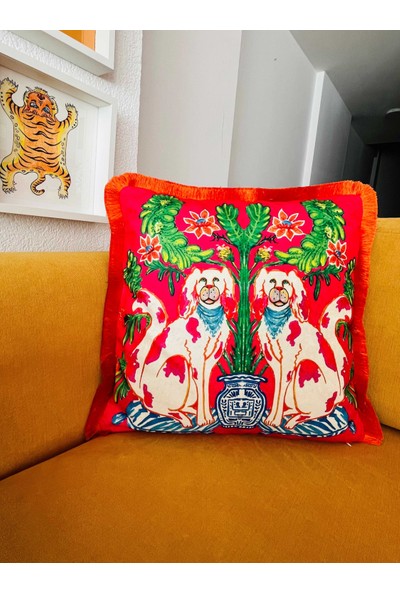 Ge Living Dekoratif Köpek Desenli Kırlent - Özel Tasarım Fuşya Kadife Yastık Kılıfı