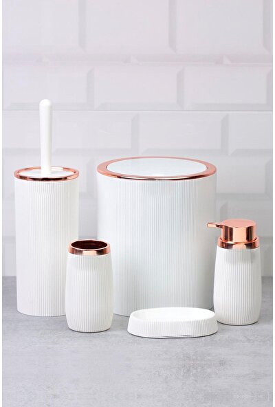 Sas Çöp Kovası Tuvalet Fırçası Sıvı Sabunluk Diş Fırçalık Katı Sabunluk 5 Parça Set 5 Litre Beyaz-Bakır