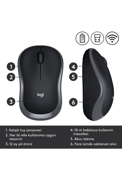 Logitech M185 USB Alıcılı Kompakt Kablosuz Mouse - Gri