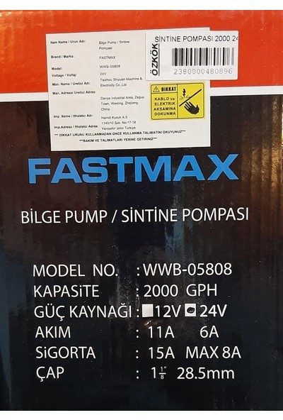 Fastmax Bilge Pump Sintine Pompa 1000 24 V WWB-05806