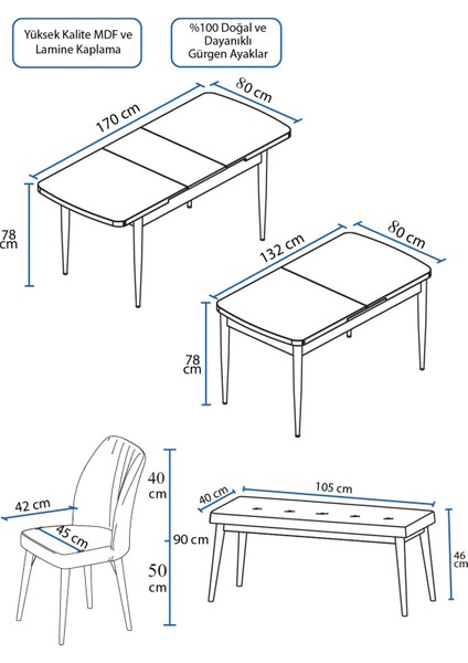 Concept Eva Serisi 80 x 132 cm Benchli Açılabilir Mdf Mutfak Masa Takımı Beyaz Masa ve 4 Sandalye