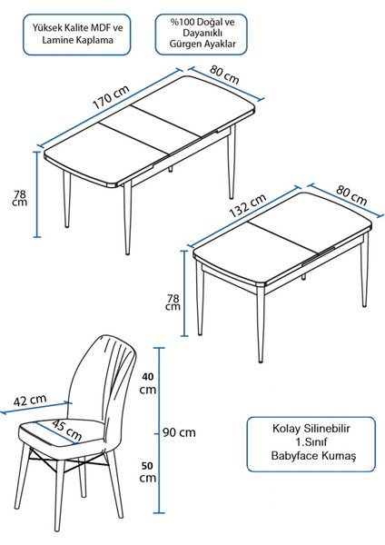 Concept Eva Serisi 80 x 132 cm  Açılabilir Mdf Mutfak Masa Takımı Beyaz Masa ve 6 Sandalye