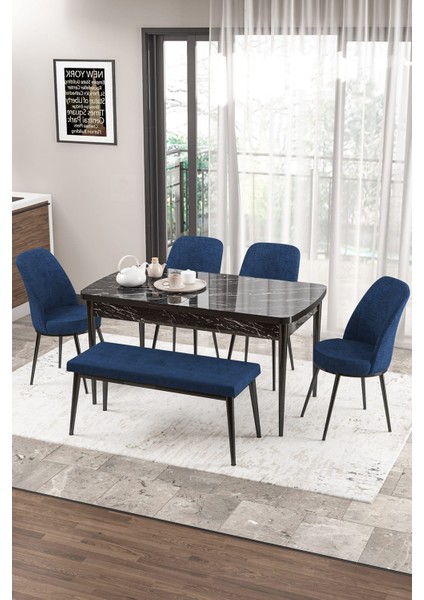 Concept Zen Serisi Bench'li 80 x 132 cm Açılabilir Mdf Mutfak Masası Takımı Siyah Mermer Desen