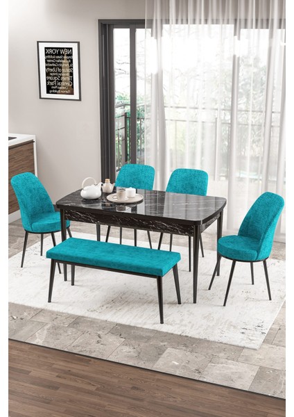 Concept Zen Serisi Bench'li 80 x 132 cm Açılabilir Mdf Mutfak Masası Takımı Siyah Mermer Desen