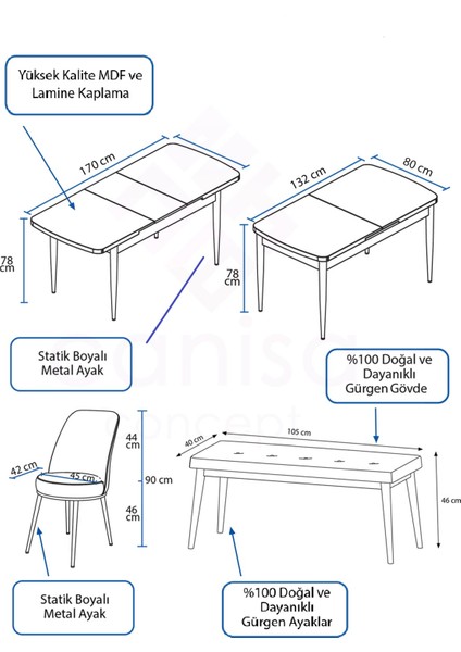 Concept Zen Serisi Bench'li 80 x 132 cm Açılabilir Mdf Mutfak Masası Takımı Beyaz Masa