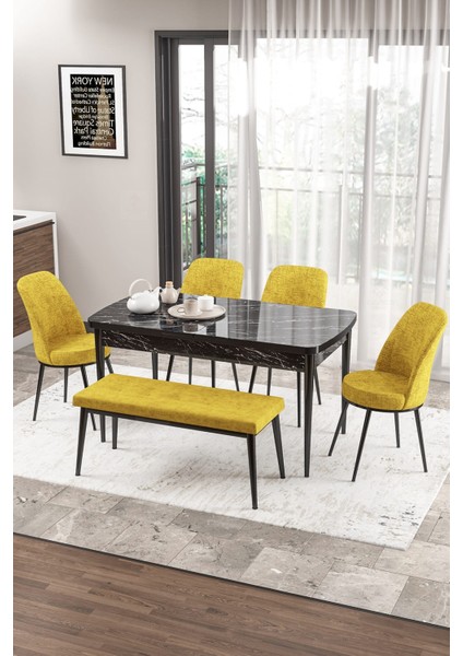 Concept Zen Serisi Bench'li 80 x 132 cm Açılabilir Mdf Mutfak Masası Takımı Siyah Mermer Desen