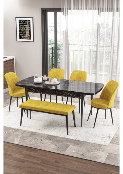 Concept Zen Serisi Bench'li 80 x 132 cm Açılabilir Mdf Mutfak Masası Takımı Siyah Mermer Desen