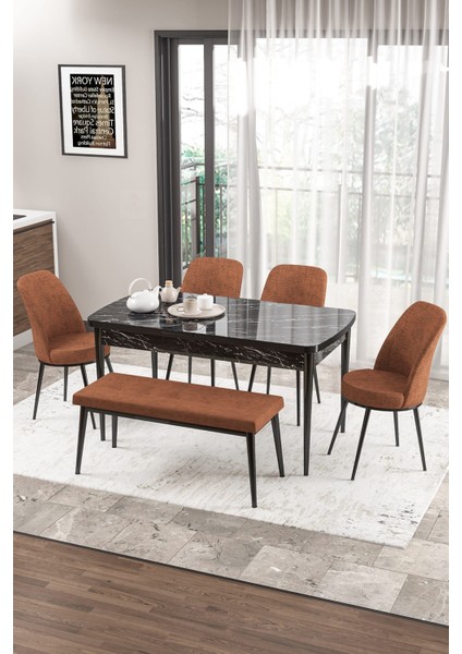 Concept Zen Serisi Bench'li 80 x 132 cm Açılabilir Mdf Mutfak Masası Takımı Siyah Mermer Desen