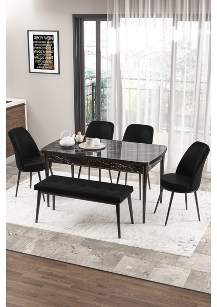 Concept Zen Serisi Bench'li 80 x 132 cm Açılabilir Mdf Mutfak Masası Takımı Siyah Mermer Desen