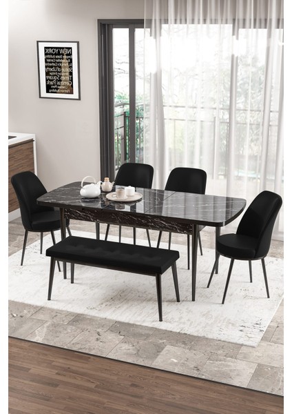 Concept Zen Serisi Bench'li 80 x 132 cm Açılabilir Mdf Mutfak Masası Takımı Siyah Mermer Desen