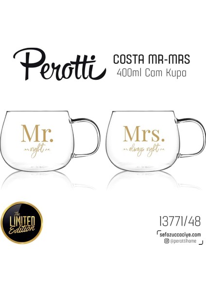Costa Mr-Mrs 400 ml. Cam Kupa