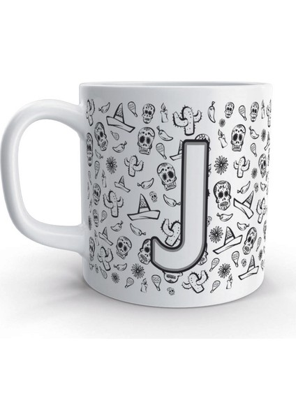 J Harfi Kurukafa Mexico Skull Tasarım Harfli Kupa Bardak