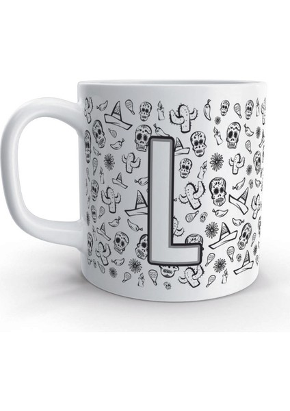 L Harfi Kurukafa Mexico Skull Tasarım Harfli Kupa Bardak