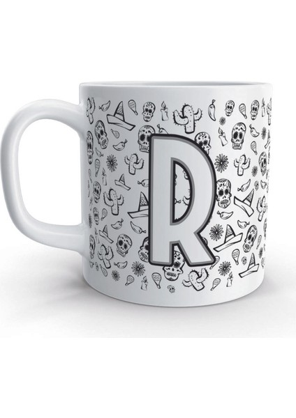R Harfi Kurukafa Mexico Skull Tasarım Harfli Kupa Bardak