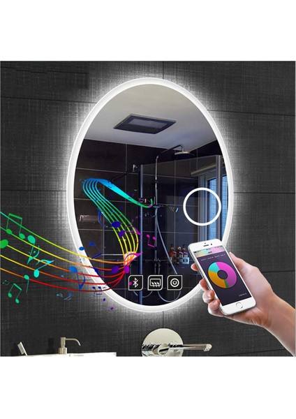 50 x 70 cm Bluetoothlu Makyaj Aynalı Buğu Yapmayan Ledli Elips Banyo Aynası