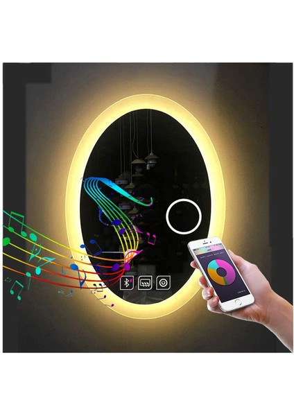 50 x 70 cm Bluetoothlu Makyaj Aynalı Buğu Yapmayan Ledli Elips Banyo Aynası modelleri