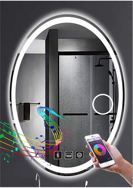 40 x 60 cm Bluetoothlu Makyaj Aynalı Buğu Yapmayan Ledli Elips Banyo Aynası modelleri