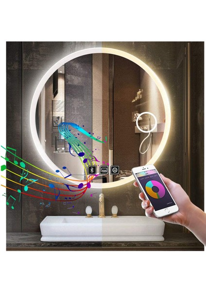 90 cm Bluetoothlu Makyaj Aynalı Buğu Yapmayan Ledli Yuvarlak Banyo Aynası