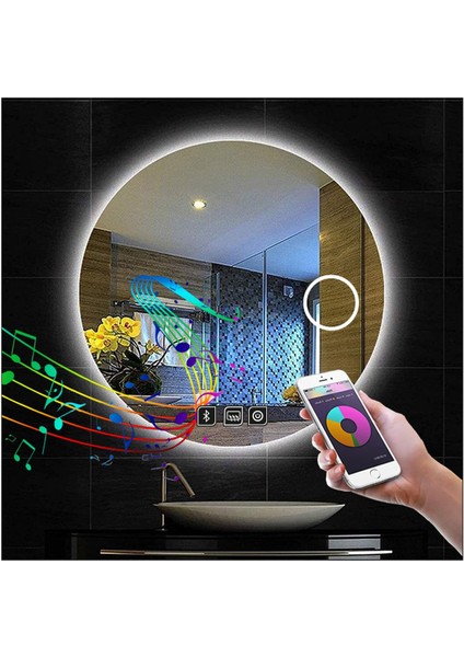 60 cm Bluetoothlu Makyaj Aynalı Buğu Yapmayan Ledli Yuvarlak Banyo Aynası