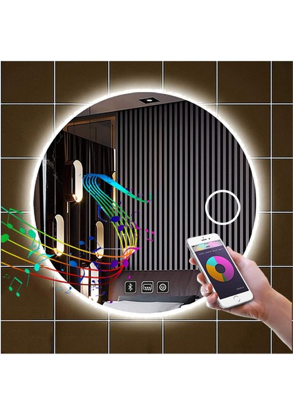 60 cm Bluetoothlu Makyaj Aynalı Buğu Yapmayan Ledli Yuvarlak Banyo Aynası