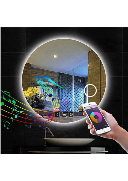 60 cm Bluetoothlu Makyaj Aynalı Buğu Yapmayan Ledli Yuvarlak Banyo Aynası